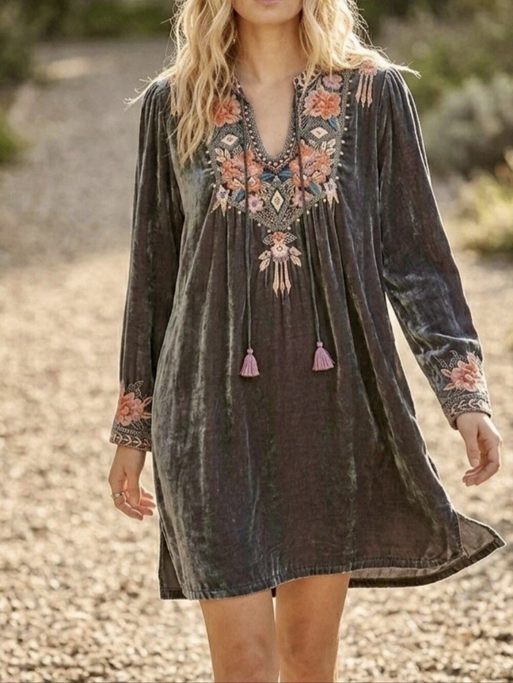 Johnny Was Small Mini Shift Dress Pink Purple & Green Velvet Peasant Boho